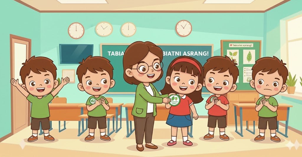 O‘qituvchi bolalarni tabiatni asragani uchun rag‘batlantirmoqda