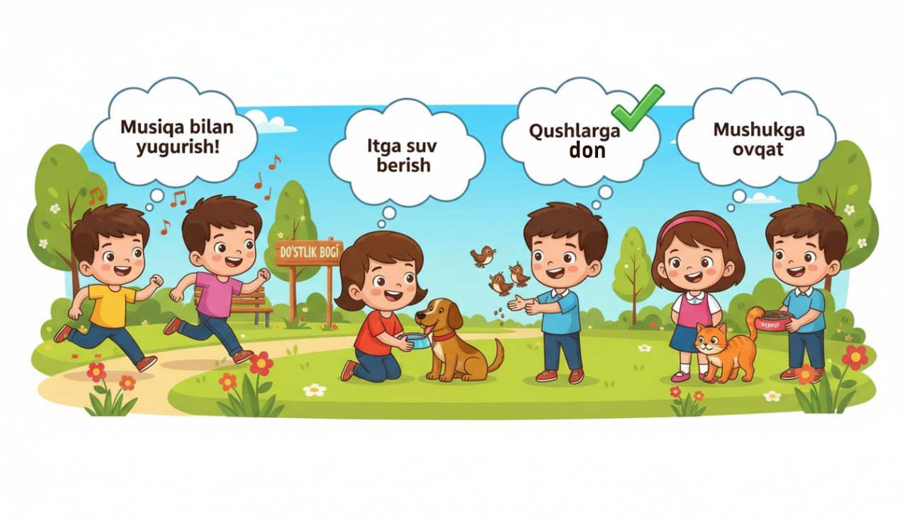 Bog‘da hayvonlarga yordam berayotgan bolalar