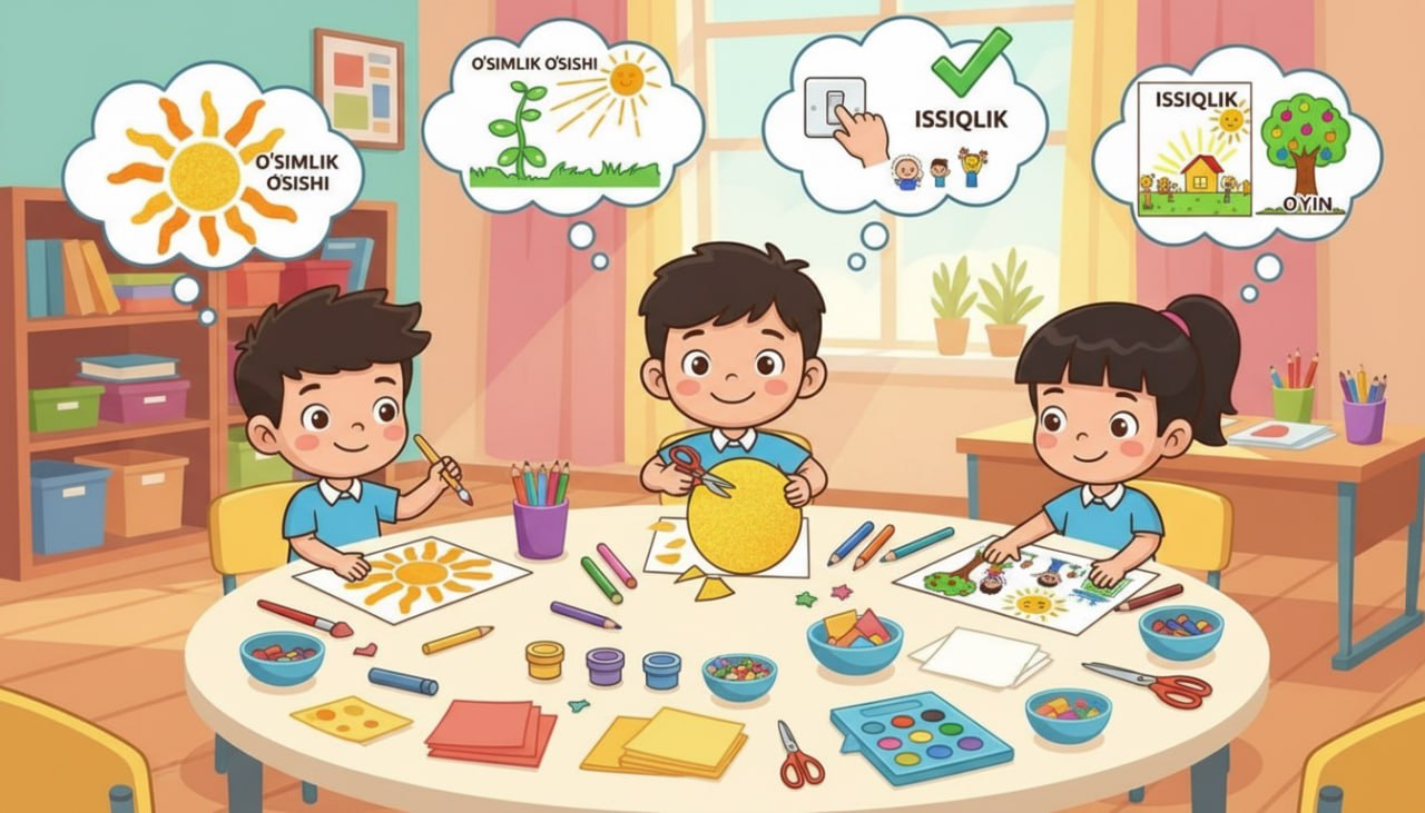 Bolalar quyosh va issiqlik haqida ijodiy ishlar bajarayotgan sahna