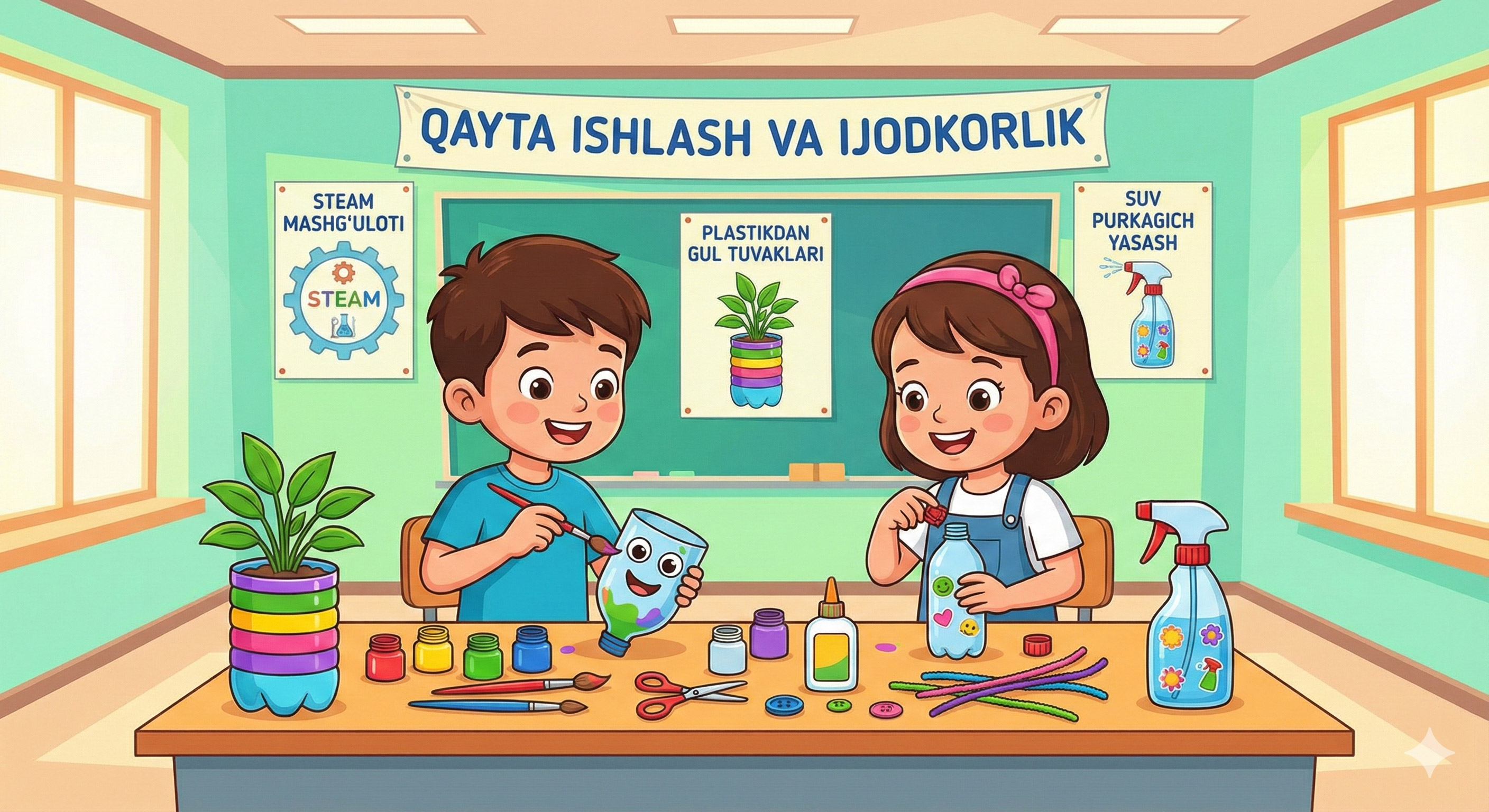 Bolalar plastik idishlardan ijodiy buyumlar yasayotgani